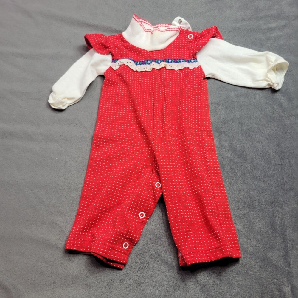 Vintage Baby Romper Red Polka Dot Long Sleeve White Collar Snap Closure 6-9M